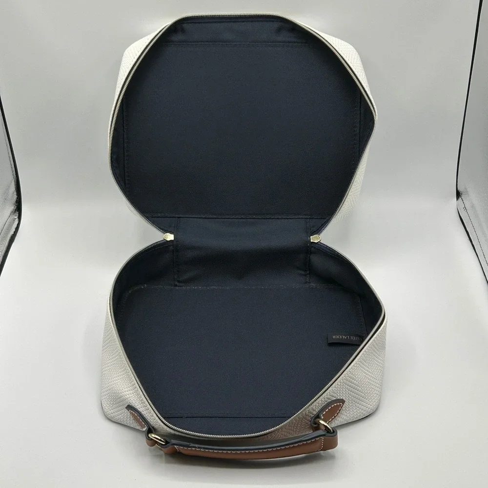Estee Lauder White Textured Cosmetic Toiletry Travel Case Bag Handle Zip Around